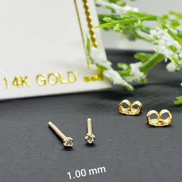 14K Solid Gold , 1.00 mm - 2.00 mm Teeny Tiny dainty Small minimalist Tragus cartilage ear lobes earrings studs