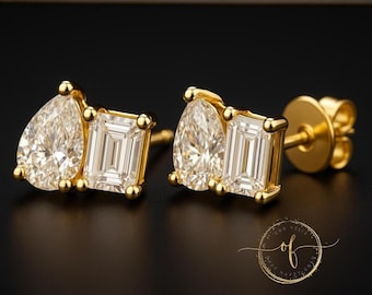 Moissanite VVS DEF Solid 14K Gold Push Backing 2 Gemstones design 0.50 carat each stone.