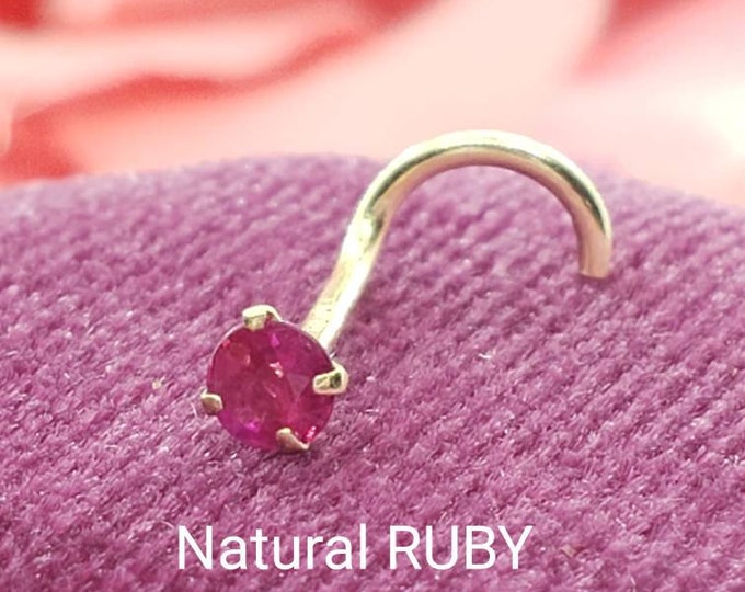 Genuine Real Ruby Nose Stud ,  14K Solid Gold in Twisted Crooked Screw, L-Shaped , Ball End Bar 22GA 20 GA 18GA