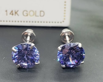 Tanzanite 14K Solid Gold Earring Screw Backing with 4 Prong Setting Birthday, Gift, Anniversary, Christmas, Bridal, Wedding.