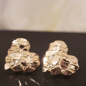 10K Solide Or Jaune 15 mm Diamant Coupe Coeur Nugget Boucles d'oreille 