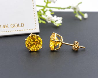 14K Solid Gold Citrine Earring October Birthstone Colors Push Backing Earring with 4 Prong Setting
