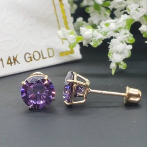 14K Solid Yellow Gold Amethyst Earring February Birthstone Colors Screw Backing Earring with 4 Prong Setting