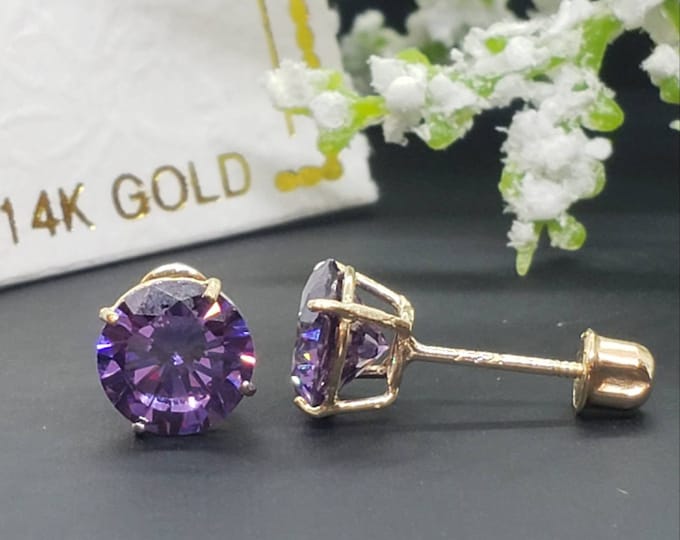 14K Solid Yellow Gold Amethyst Earring February Birthstone Colors Screw Backing Earring with 4 Prong Setting