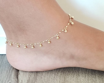 14K Solid Yellow Gold  • Ball Dainty Dangle Charm  •  Anklets  9 +1 " Inches •