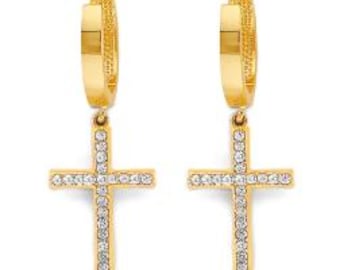 14K Solid Gold • Cross Earrings Hoops • Huggies  •  High Quality Stones  • Men's or Womens's Earrings •