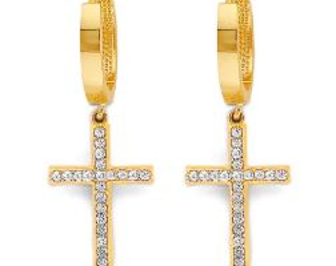 14K Solid Gold • Cross Earrings Hoops • Huggies  •  High Quality Stones  • Men's or Womens's Earrings •