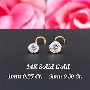 NEW !!! 4mm 5mm Large NOSE Stud 14K Solid gold 20 Gauge with 4 prongs Nostril Piercing Select ends and Gemstone Available.