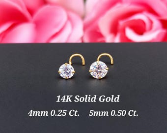 NEW !!! 4mm 5mm Large NOSE Stud 14K Solid gold 20 Gauge with 4 prongs Nostril Piercing Select ends and Gemstone Available.