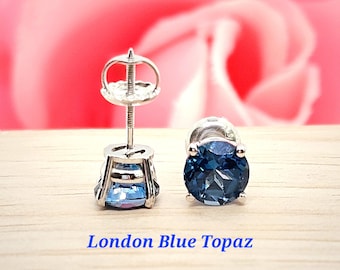 Natural Genuine London Blue Topaz With 14K Solid Yellow Gold Earring Heavy Basket 18GA Diamond Screw Backing or Push Backing 1 Pair Earring.