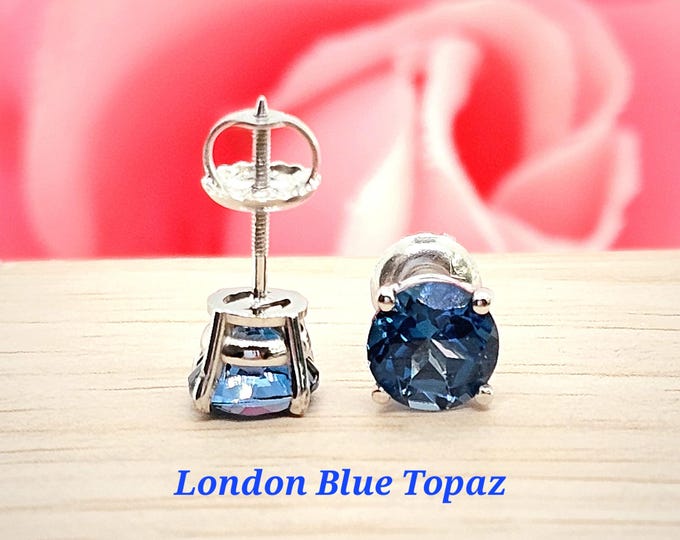 Natural Genuine London Blue Topaz With 14K Solid Yellow Gold Earring Heavy Basket 18GA Diamond Screw Backing or Push Backing 1 Pair Earring.