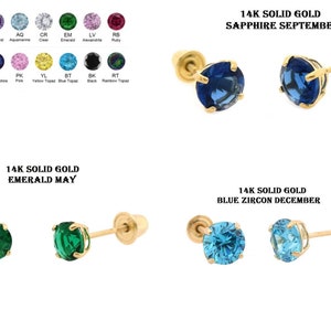 14K Solid Gold Birthstone Color Earring 3 mm- 8 mm Screw Backs High Quality Made Kids / Girls Earrings