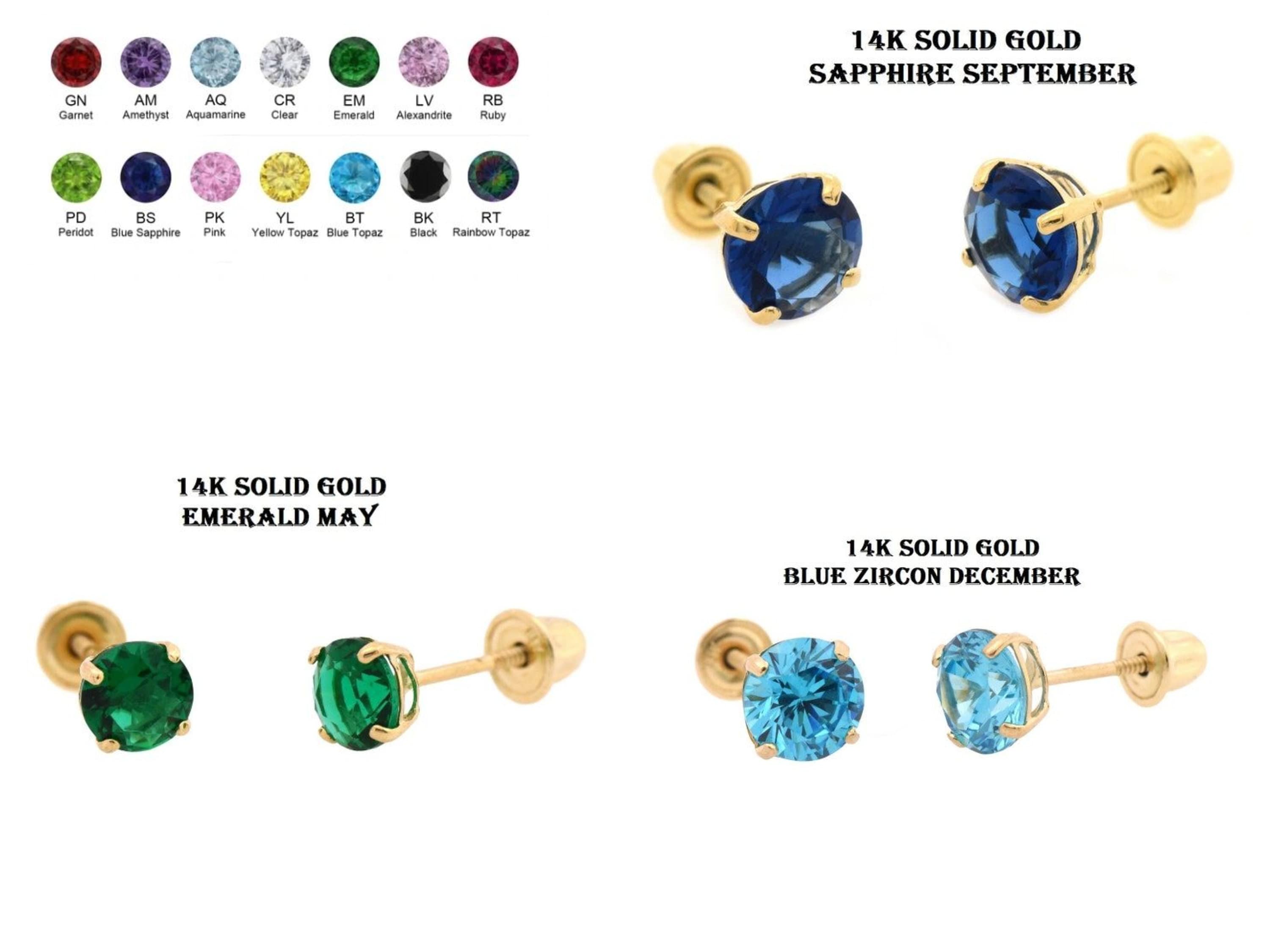 14K Solid Gold Birthstone Color Earring 3 mm 8 mm Screw Backs
