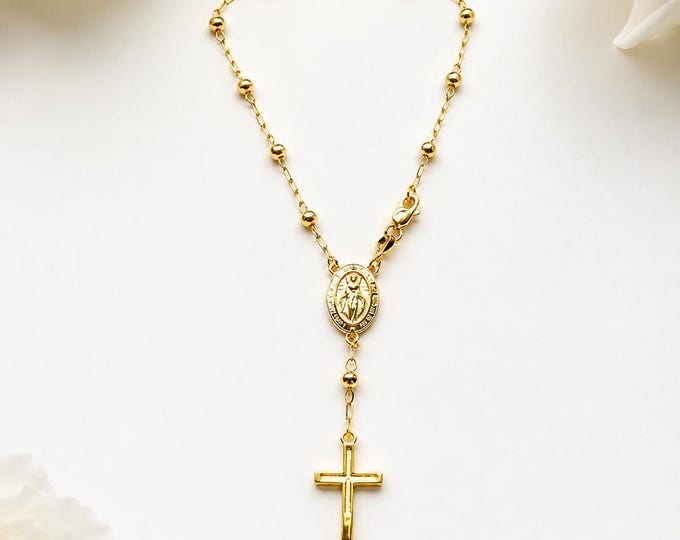 14K Gold 3mm Beads Virgin Mary Religious Bracelet 7.25" Real gold Bracelet 3.10 Grams.
