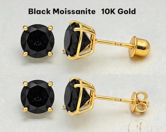 Moissanite Black  10K Gold Stud Earrings, Round Solitaire Cut, Screw Back 22 GA, Thin Post, comfortable to sleep, Brilliant Cut VVS1 DEF.
