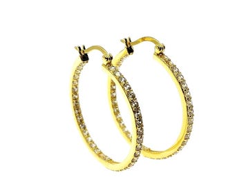 Solid 925 Sterling Silver Yellow Gold-Plated   Earring Hoops With Gemstones 12mm-35mm.