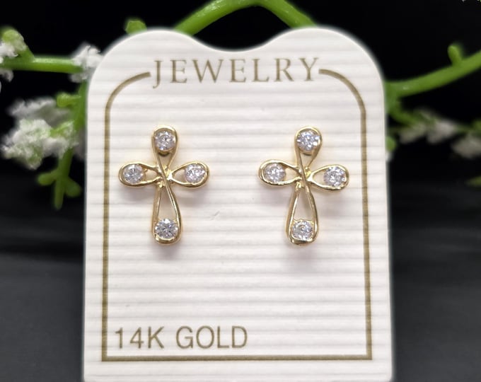 14K Real Yellow Gold •  Cross • Baby Screw Backs • Earrings Cubic Zirconia • sold 1 Pair Religious Christian Cross Earring.