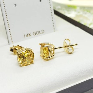 14K Yellow Gold Canary Stones Solitaire Round Cut Basket Prong Earring Push Backing Earring with 2 Different weight.
