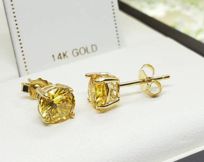 14K Yellow Gold Canary Stones Solitaire Round Cut Basket Prong Earring Push Backing Earring with 2 Different weight.