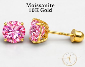Pink Moissanite 10K Gold Stud Earrings, Round Solitaire Cut, Screw Back 22 GA, Thin Post, comfortable to sleep, Brilliant Cut VVS1 DEF.