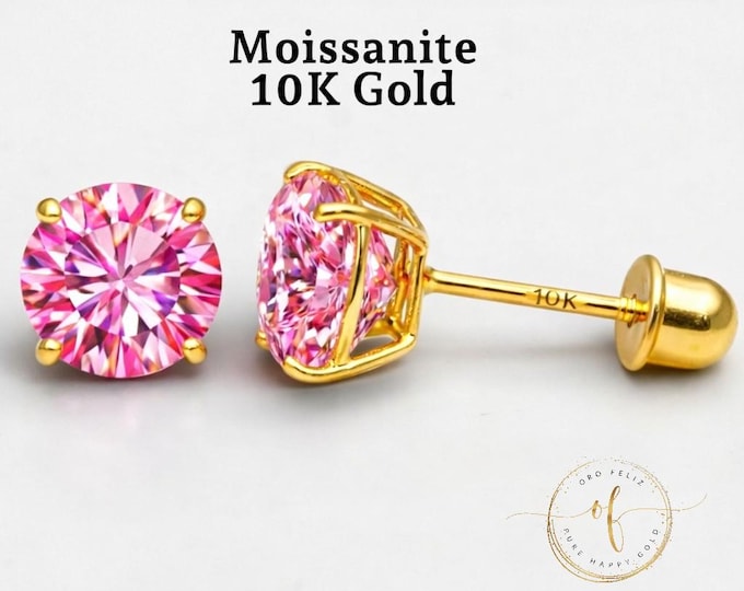 Pink Moissanite 10K Gold Stud Earrings, Round Solitaire Cut, Screw Back 22 GA, Thin Post, comfortable to sleep, Brilliant Cut VVS1 DEF.