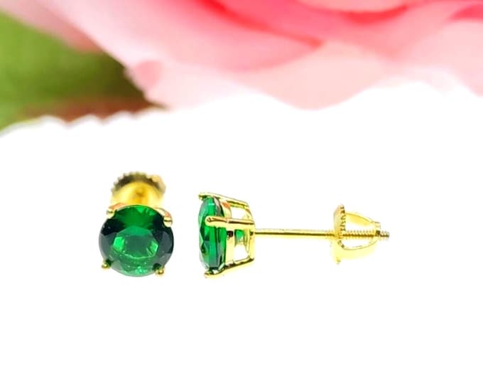 Solid 925 Sterling Silver 3 mm-8mm Round Solitaire With Emerald Screw Backing CZ or LAB Emerald or Genuine Emerald Earring screw Backs.