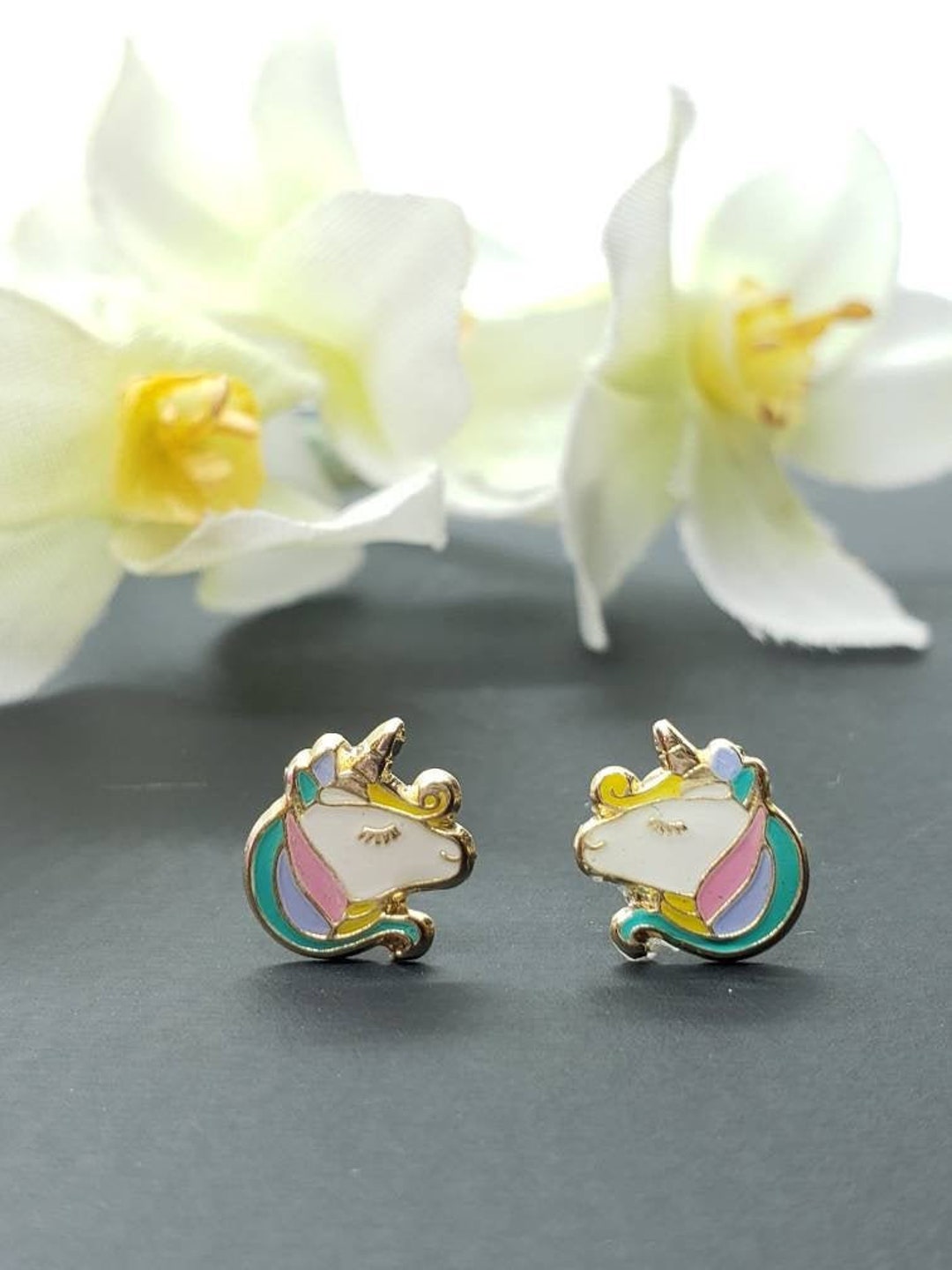 ◆STONEHENgE◆ Unicorn 14K Earrings 14K Solid Gold • Unicorn Head Enamel Resin Unicorn• Screw