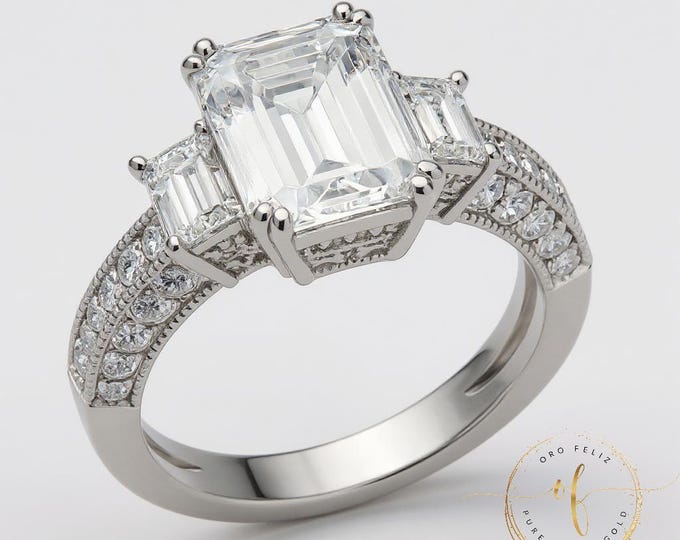 14K Real Solid Gold 2.50 Ct Created Diamond Princess Cut 3 Stone Engagement Wedding Promise Ring or optional of 3 center moissanite upgrade.