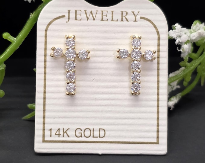 14K Real Yellow Gold •  Cross • Baby Screw Backs • Earrings Cubic Zirconia • sold 1 Pair Religious Christian Cross Earring.
