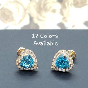 14K Solid Yellow Gold 12 Birthstone Color CZ Heart Stud Earrings With Screw Backing  Size 6 mm