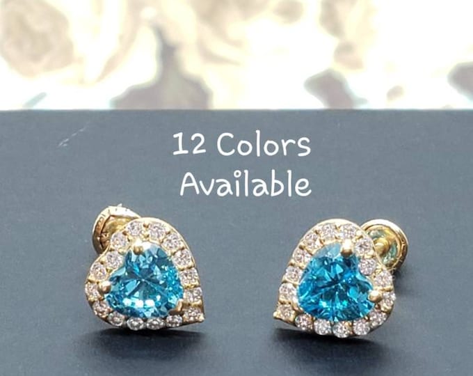 14K Solid Yellow Gold 12 Birthstone Color CZ Heart Stud Earrings With Screw Backing  Size 6 mm