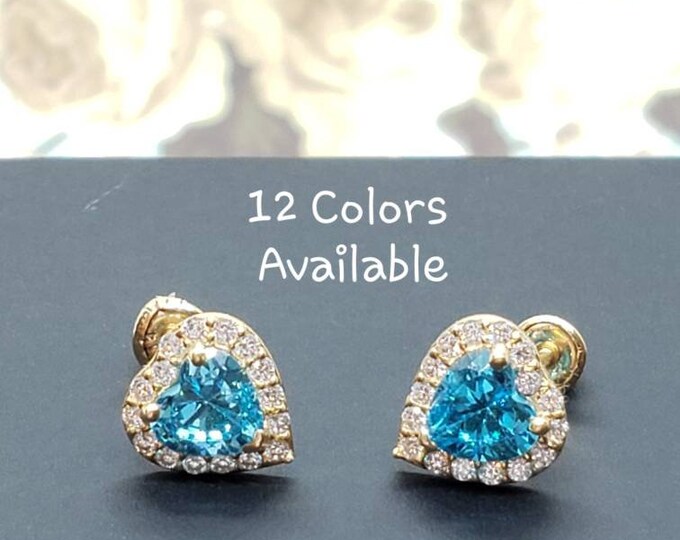 14K Solid Yellow Gold 12 Birthstone Color CZ Heart Stud Earrings With Screw Backing  Size 6 mm