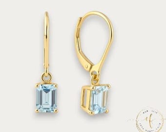 14K Yellow Gold Earrings Lever Backing 1 Pair Emerald Cut 5x7 MM with Aquamarine CZ or Natural Gemstones.