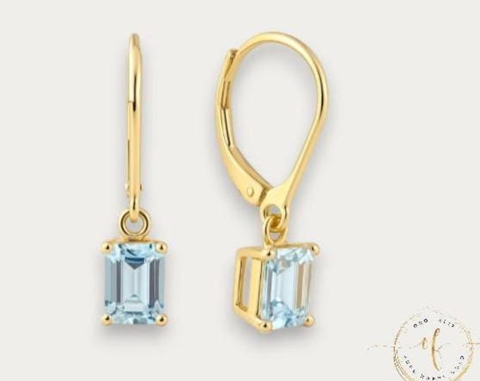 14K Yellow Gold Earrings Lever Backing 1 Pair Emerald Cut 5x7 MM with Aquamarine CZ or Natural Gemstones.