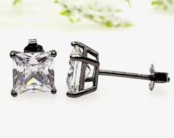 3mm-10mm Square Princess Cut Rhodium Solid 925 Sterling Silver Stud Post Earrings For Men's Women's