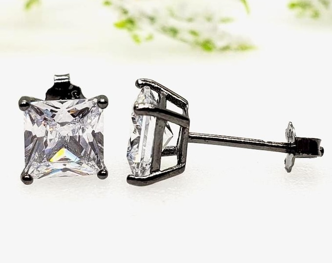 3mm-10mm Square Princess Cut Rhodium Solid 925 Sterling Silver Stud Post Earrings For Men's Women's