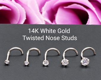 14K Solid White Gold , Curve Bar Nose Stud, Diamond Nose Stud, Twist Micro Nose, Screw Nose Stud, 20 Gauge, Hypoallergenic, Perfect Quality