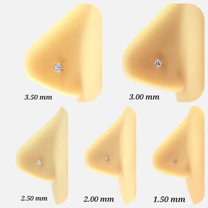 May include: Five nose studs with clear gemstones in different sizes: 3.50 mm, 3.00 mm, 2.50 mm, 2.00 mm, and 1.50 mm.