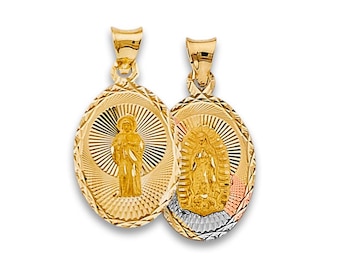 Double Sided Tri Tone 14k Gold Virgin Mary Lady Guadalupe + San Jude Pendant Religious Charm Oval