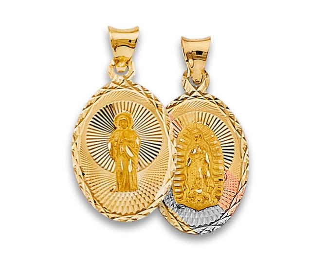 Double Sided Tri Tone 14k Gold Virgin Mary Lady Guadalupe + San Jude Pendant Religious Charm Oval