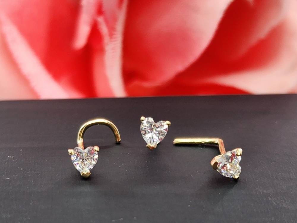 Heart Shaped 14K Solid Gold Nose Stud Nose Stud Nostril