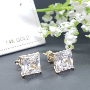 14K Solid Gold Princess Square Cut White CZ's Push Backing Earring with 4 Prong 3 mm 8 mm image 2