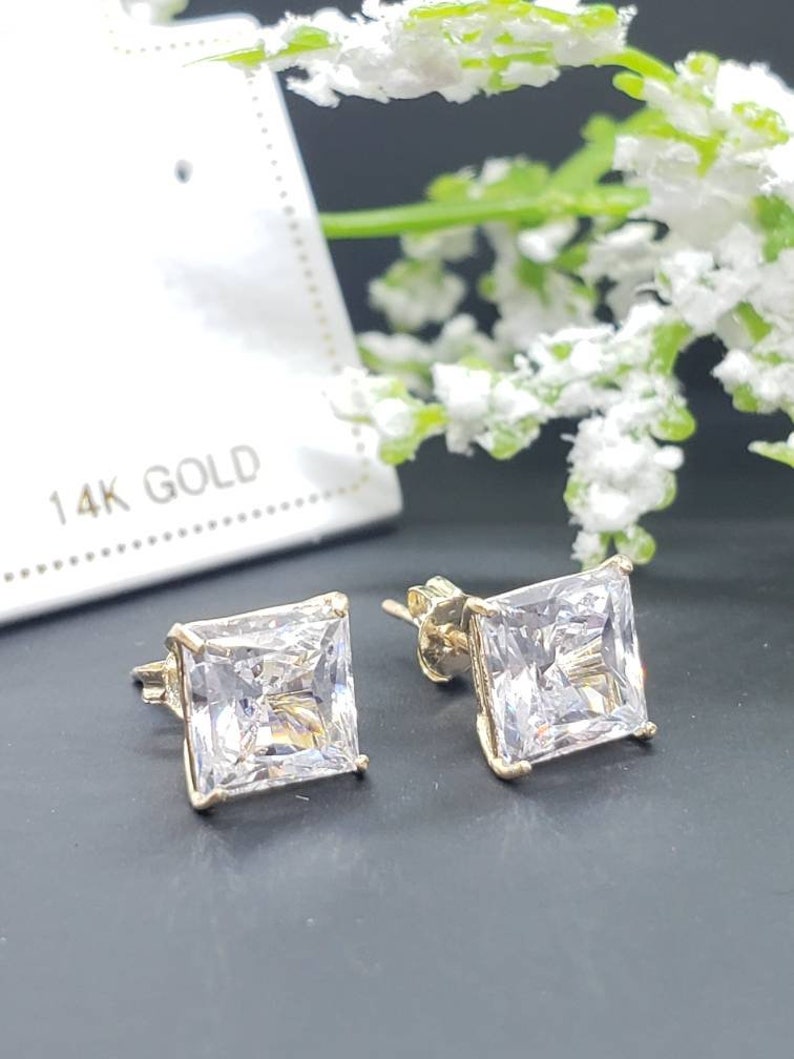 14K Solid Gold Princess Square Cut White CZ's Push Backing Earring with 4 Prong 3 mm 8 mm image 2