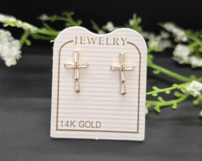 14K Real Yellow Gold •  Cross • Baby Screw Backs • Earrings Cubic Zirconia • sold 1 Pair Religious Christian Cross Earring.