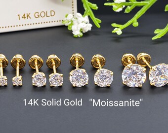 Moissanite 14K Solid Gold Low Basket Thin Post Light Weight Gold Screw Backing can be worn sleeping Round White D Color VVS1 Brilliant Cut