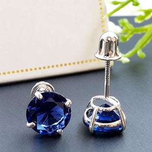14K Solid Gold Blue Sapphire Earring September Birthstone Colors Screw Backing Earring with 4 Prong Setting