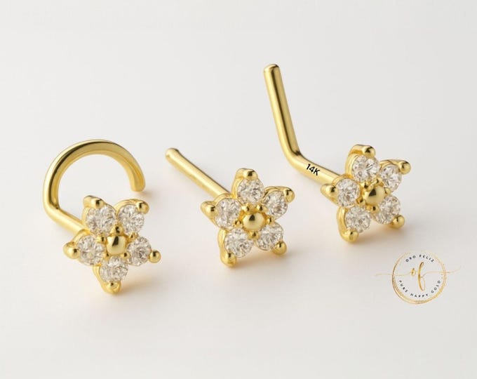 14K Solid Gold , Flower Nose Stud CZ Diamond Nose Stud,  Nostril Piercing 20 Gauge.