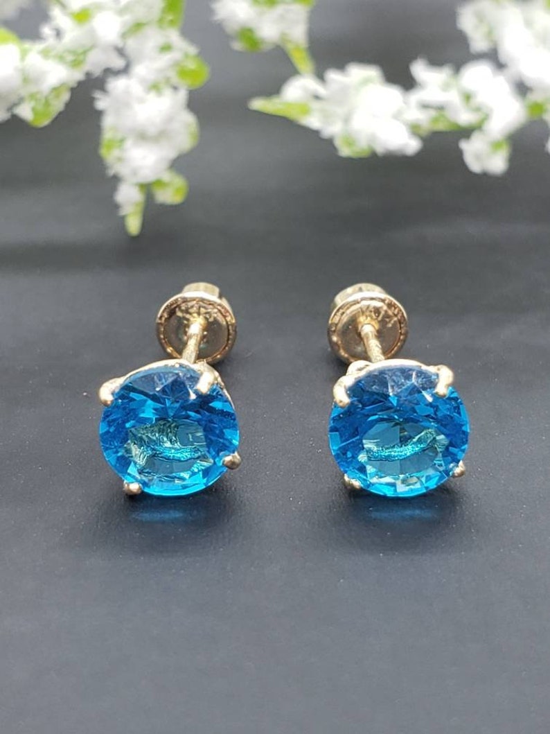 14K Solid Yellow Gold Blue Topaz Earring December Birthstone Colors Screw Backing Earring with 4 Prong Setting image 2