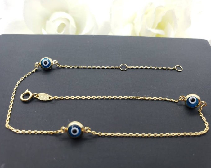 10K Real Yellow Gold • Dainty 3 Round Evil Eye Beads 4.00 mm Charm Ankle Bracelet Anklet •  9 +1 " Inches •