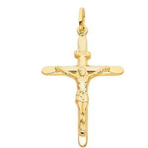 14K Yellow Gold Religious Crucifix Cross Pendant INRI Jesus Christ Charm Pendant Yellow Gold Small Size.